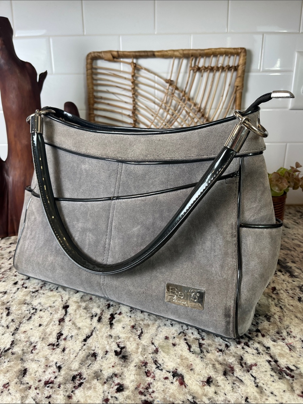 Beijo Gray Suede Shoulder Bag with Black Handle - Picture 4 of 13